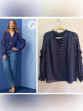 Talbots Top Size L Navy Blue Smocked Shoulder Tie Neck Sheer Ruffle Feminine